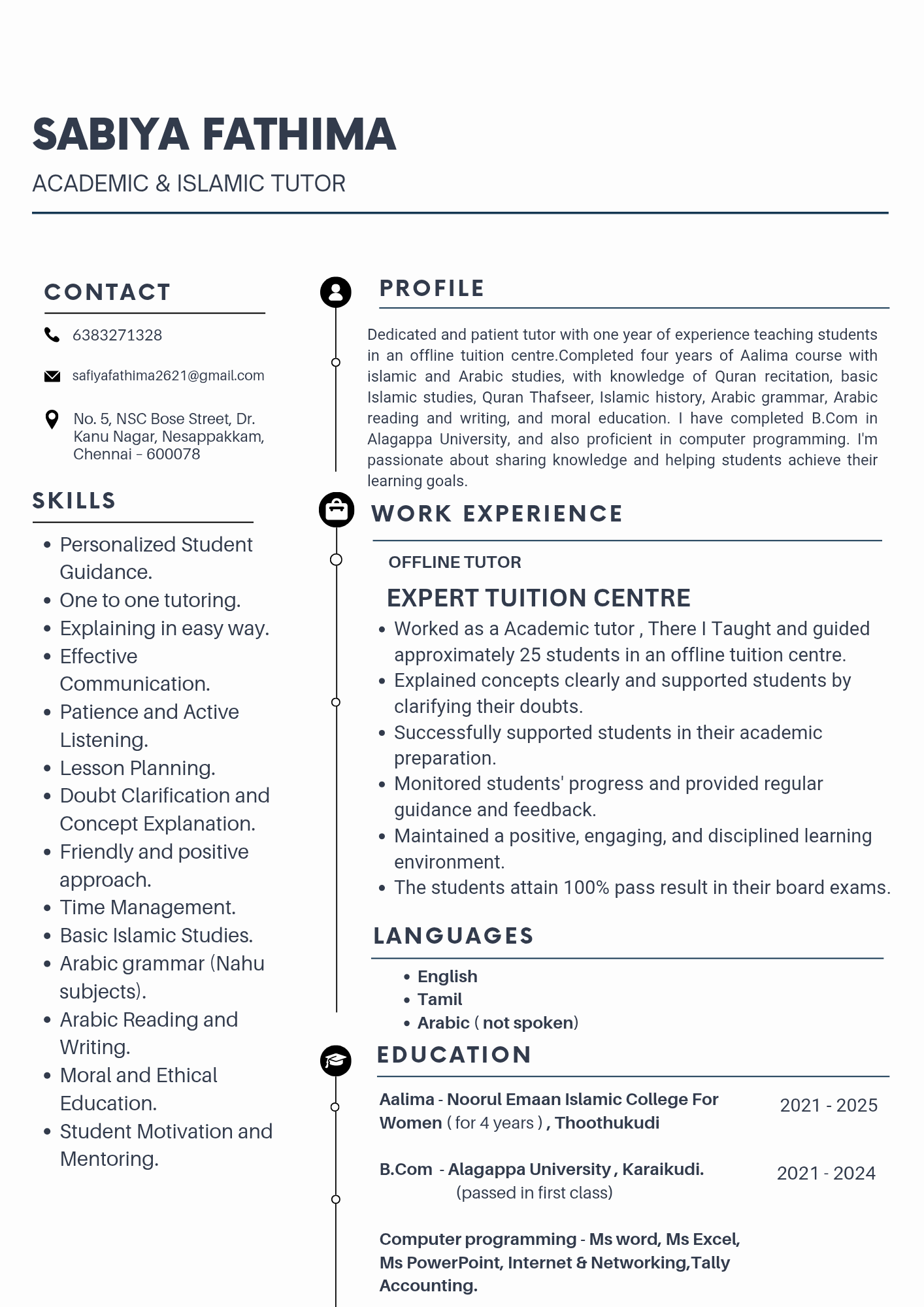 Sabiya fathima  - english Tutor
